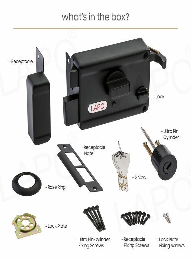 LAPO قفل حافة LAPO، مناسب للأبواب الرئيسية وأبواب الأمان، قفل مزلاج مزدوج شديد التحمل، مناسب للأبواب المفردة والمنزلقة وأبواب البوابات، لون أسود، 3 مفاتيح، مقبض قابل للعكس، ضمان 3 سنوات - Image 5